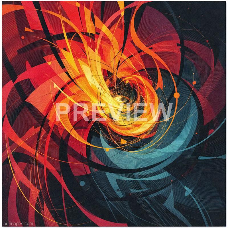 The image features an abstract digital artwork with swirling patterns and dynamic lines in shades of red, orange, yellow, and dark blue. The composition creates a sense of depth and motion, resembling a vortex or spiral tunnel with intricate, layered textures and glowing accents. The overall effect is energetic and vibrant, drawing the viewer's eye toward the center of the composition.